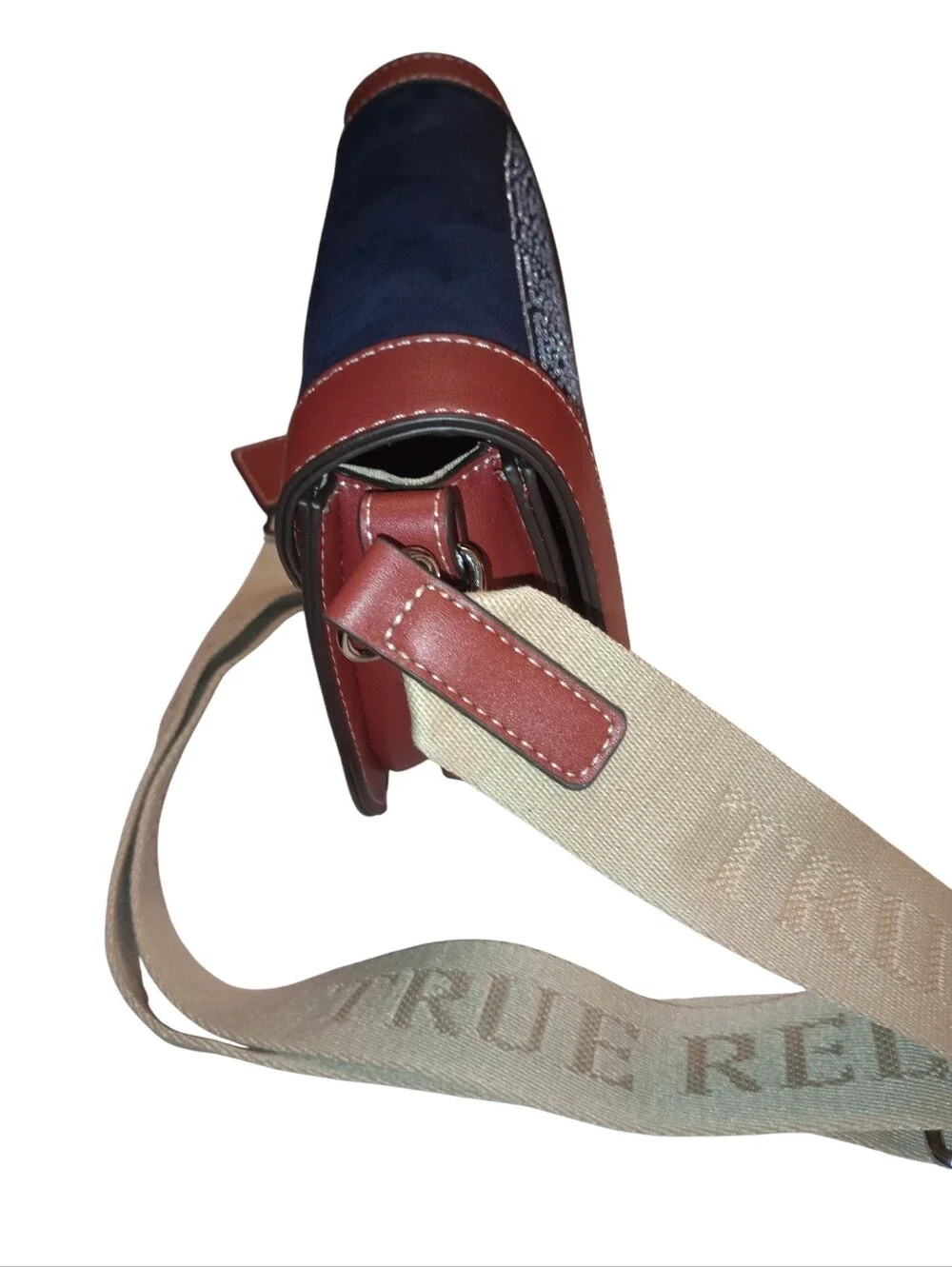True Religion Navy Suede and Red Leather Crossbody with Beige Strap, NWT